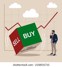 Rolling dice with the word buy, sell and do nothing with thinking investor on chart and graph. Investment decision in volatile stock market, risk assessment to hold and do nothing, sell or buy concept