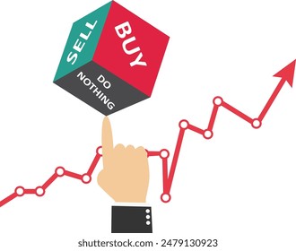 Rolling Dice mit dem Wort kaufen, verkaufen und tun nichts mit Denken Investor auf Chart und Grafik. Anlageentscheidung in volatilen Börsen, Risikobewertung zu halten und nichts zu tun, zu verkaufen oder zu kaufen Konzept