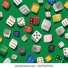  rolling different types dice game icon gambling poker cubes casino win dices isolated on green felt background