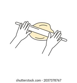 Rolling dough outline icon. Hands with rolling pin. Homemade baking. Making pastry. Instruction for baking recipe. Dessert preparation steps. Flat vector doodle style hand drawn isolated illustration.