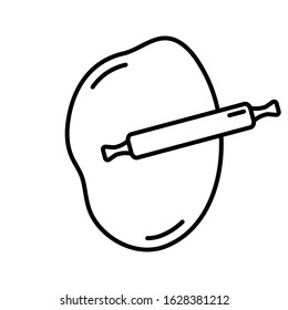 Rolling dough with a rolling pin linear icon isolated on white background. Black line art. Minimalist and simple. Can be used as a logo of a bakery, a pastry shop or a cooking website icon.