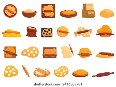 Rolling dough wooden pin icons set cartoon vector. Hand baking. Biscuit cookie