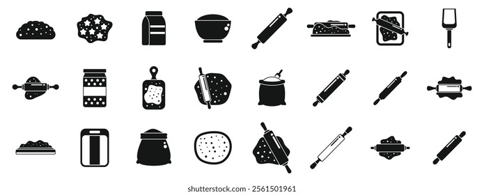 Rolling dough wooden pin icons set. Dough rolling icons set in simple style. Cooking process icons for any web design on white background