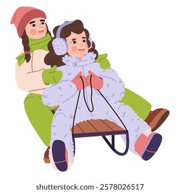 Rolling down the mountain on a sled. Two girls riding on a sled. Children's Laughter and adrenaline down the slide in the snow. Winter active games on the street. Flat vector illustration, eps10