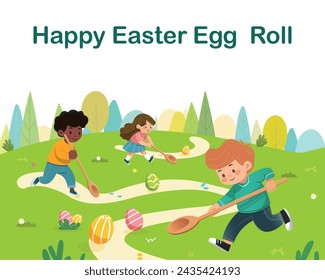 Huevos de Pascua. Los niños enrollan los huevos de Pascua con una cuchara grande. Ilustración de vector