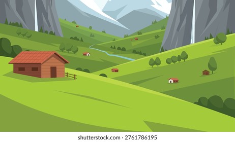 Rolling Farmland Beneath Silent Alpine Crowns Design