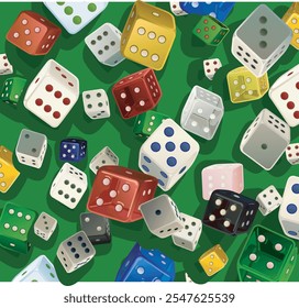 Rolling Flying Dices Diferentes tipos de dados Icono de juego de juego de apuestas Cubos de póquer Casino Win Dices aislados sobre fondo de fieltro verde