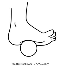 Rolling foot on a ball, simple drawing. Physical therapy, self massage, myofascial release. Black and white line art, vector clip art illustration.