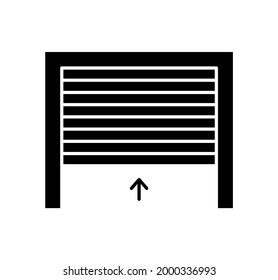 Rolling up garage door. Black and white vector illustration. Flat icon of warehouse gate. Symbol for exterior design element. Isolated object