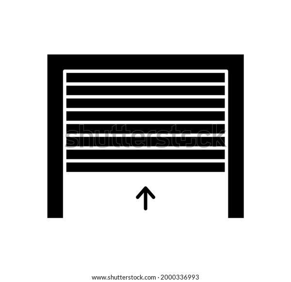 Rolling up garage door. Black and white vector\
illustration. Flat icon of warehouse gate. Symbol for exterior\
design element. Isolated\
object