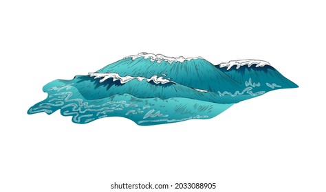 Rolling giant sea wave hand drawn colored vector illustration isolated on white background. Storm sea or ocean blue water wave in engraving vintage style.