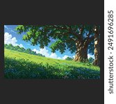 A rolling, grassy hillside dotted with colorful wildflowers and a lone oak tree