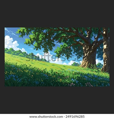 A rolling, grassy hillside dotted with colorful wildflowers and a lone oak tree