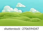 Rolling green hills and soft blue sky with puffy clouds create a calm playful landscape, ideal for nature design projects, vector illustration background