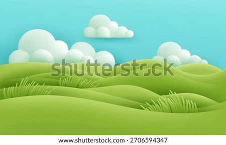 Rolling green hills and soft blue sky with puffy clouds create a calm playful landscape, ideal for nature design projects, vector illustration background
