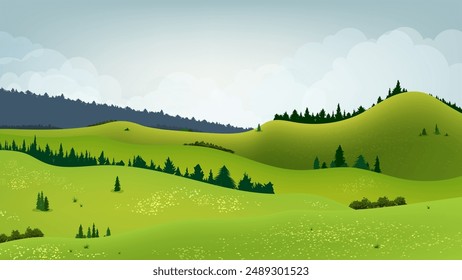 Rolling green hills stretch out under cloudy sky, dotted with trees and wildflowers, depicting serene and picturesque countryside landscape. Vector illustration.