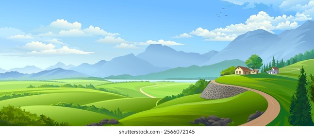 Rolling Green Hills with Village and Mountain Backdrop