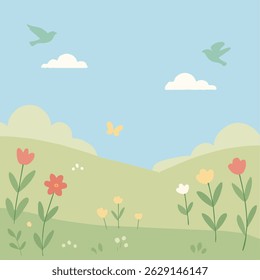 A rolling green meadow dotted with simple wildflowers under blue sky.