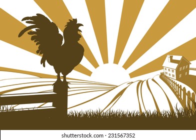 Rolling hills in a farm at sunrise with a farmhouse in the distance and a rooster or cockerel crowing on a fence