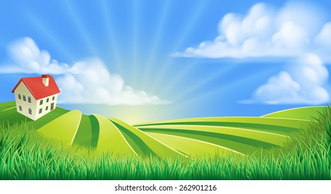 A Rolling Hills Fields Farm Sunrise Background Cartoon Illustration