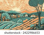 Rolling hills, fields and farm or vineyards background illustration. Forests and mountains in the background. In a vintage retro woodcut or lino print or linoleum cut style