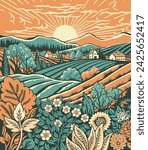 Rolling hills, fields and farm or vineyards background illustration. Wild flowers, plants in foreground. Forests, mountains in background. In intage retro woodcut or lino print or linoleum cut style