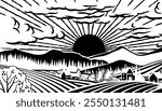 Rolling hills, fields and farm or vineyards background illustration. Forests and mountains in the background. In a vintage retro woodcut or lino print or linoleum cut style