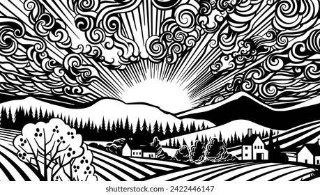 Rolling hills, fields and farm or vineyards background illustration. Forests and mountains in the background. In a vintage retro woodcut or lino print or linoleum cut style