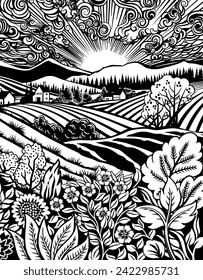 Rolling hills, fields and farm or vineyards background illustration. Wild flowers, plants in foreground. Forests, mountains in background. In intage retro woodcut or lino print or linoleum cut style