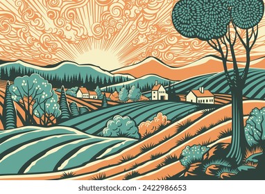 Rolling hills, fields and farm or vineyards background illustration. Forests and mountains in the background. In a vintage retro woodcut or lino print or linoleum cut style