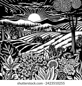 Rolling hills, fields and farm or vineyards background illustration. Wild flowers, plants in foreground. Forests, mountains in background. In intage retro woodcut or lino print or linoleum cut style