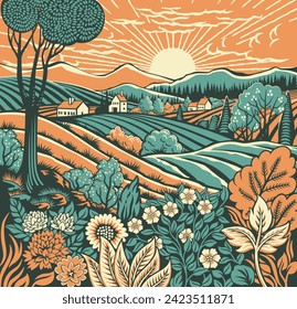 Rolling hills, fields and farm or vineyards background illustration. Wild flowers, plants in foreground. Forests, mountains in background. In intage retro woodcut or lino print or linoleum cut style