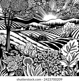 Rolling hills, fields and farm or vineyards background illustration. Wild flowers, plants in foreground. Forests, mountains in background. In intage retro woodcut or lino print or linoleum cut style