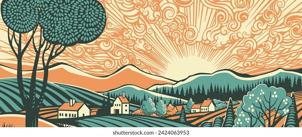 Rolling hills, fields and farm or vineyards background illustration. Forests and mountains in the background. In a vintage retro woodcut or lino print or linoleum cut style