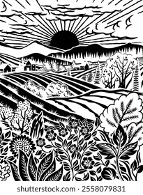 Rolling hills, fields and farm or vineyards background illustration. Wild flowers, plants in foreground. Forests, mountains in background. In intage retro woodcut or lino print or linoleum cut style