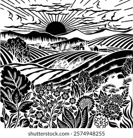 Rolling hills, fields and farm or vineyards background illustration. Wild flowers, plants in foreground. Forests, mountains in background. In intage retro woodcut or lino print or linoleum cut style