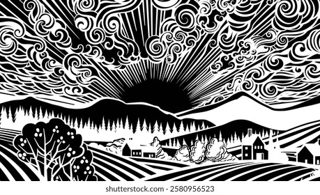 Rolling hills, fields and farm or vineyards background illustration. Forests and mountains in the background. In a vintage retro woodcut or lino print or linoleum cut style