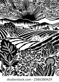 Rolling hills, fields and farm or vineyards background illustration. Wild flowers, plants in foreground. Forests, mountains in background. In intage retro woodcut or lino print or linoleum cut style