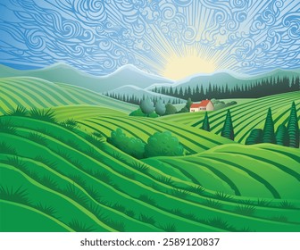 Rolling hills, fields and farm or vineyards background illustration. Forests and mountains in the background. 