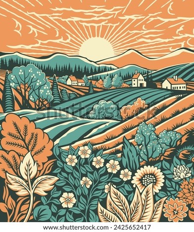Rolling hills, fields and farm or vineyards background illustration. Wild flowers, plants in foreground. Forests, mountains in background. In intage retro woodcut or lino print or linoleum cut style