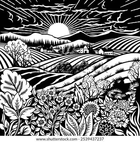 Rolling hills, fields and farm or vineyards background illustration. Wild flowers, plants in foreground. Forests, mountains in background. In intage retro woodcut or lino print or linoleum cut style