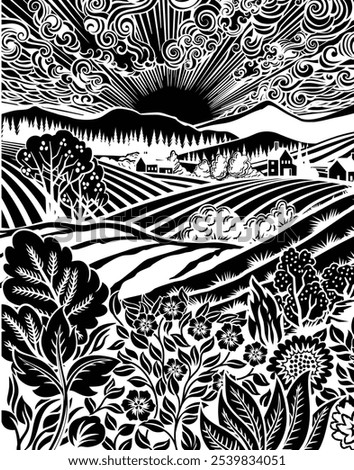 Rolling hills, fields and farm or vineyards background illustration. Wild flowers, plants in foreground. Forests, mountains in background. In intage retro woodcut or lino print or linoleum cut style