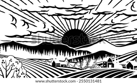 Rolling hills, fields and farm or vineyards background illustration. Forests and mountains in the background. In a vintage retro woodcut or lino print or linoleum cut style