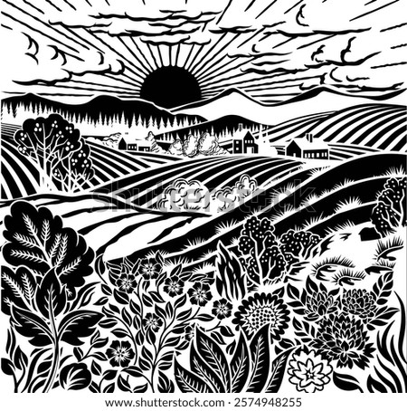 Rolling hills, fields and farm or vineyards background illustration. Wild flowers, plants in foreground. Forests, mountains in background. In intage retro woodcut or lino print or linoleum cut style
