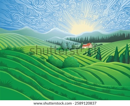 Rolling hills, fields and farm or vineyards background illustration. Forests and mountains in the background. 