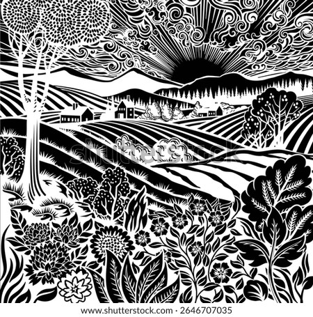 Rolling hills, fields and farm or vineyards background illustration. Wild flowers, plants in foreground. Forests, mountains in background. In intage retro woodcut or lino print or linoleum cut style