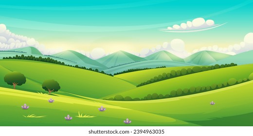 rolling hills, Green Valley with Mountains cartoon illustration landscape. Serene Fields Vibrant Vector Illustration of a Lush Cartoon Meadow with Blue Skies and Rolling Hills