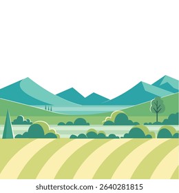 Rolling Hills Landscape with Farmhouses Illustration