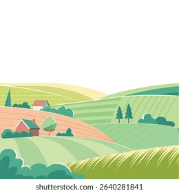 Rolling Hills Landscape with Farmhouses Illustration