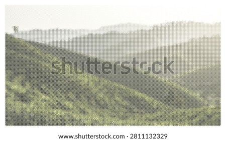 Rolling hills and landscape scenery represented through circular halftone technique. Unique textured graphic design featuring earthy tones for artistic backgrounds.